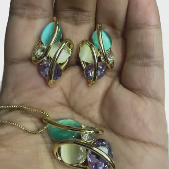 Celestia Flutter butterfly-shaped pendant and earrings with pastel crystals and 18K gold plating by KLYAA, Signature Collection