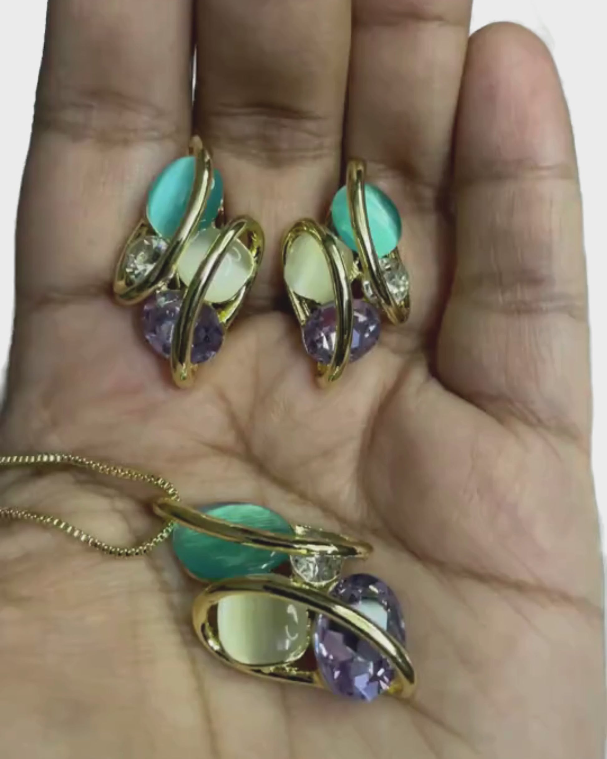 Celestia Flutter butterfly-shaped pendant and earrings with pastel crystals and 18K gold plating by KLYAA, Signature Collection
