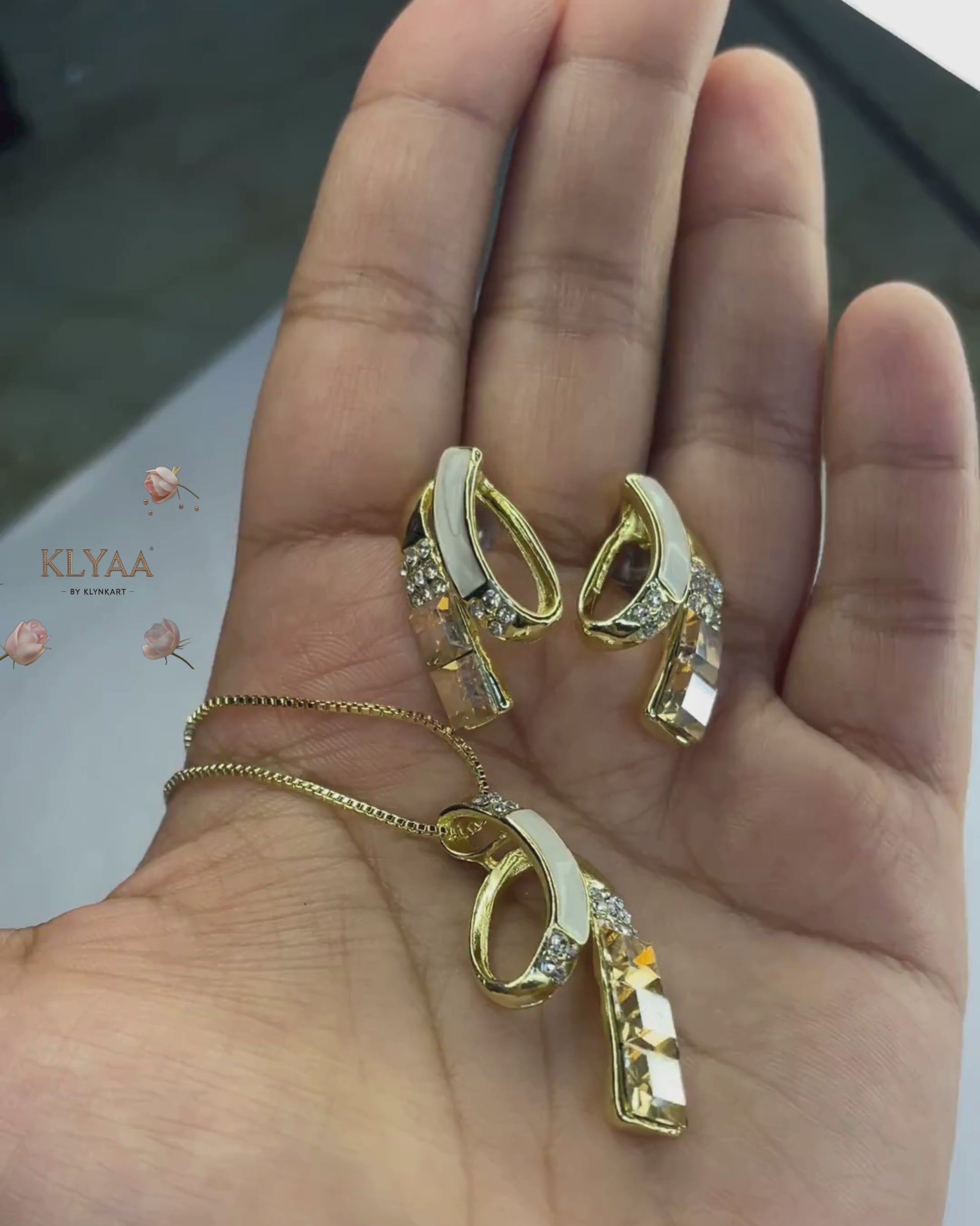 Signature pendant set with champagne and white crystals, dual-tone chain, and gold finish by KLYAA – anti-tarnish limited edition jewellery