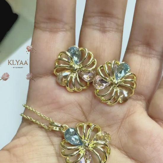 Gold floral pendant with pastel blue, lilac and champagne crystals, dual-tone chain, anti-tarnish finish by KLYAA – Signature Limited Edition