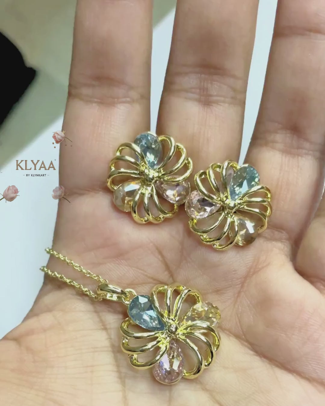 Gold floral pendant with pastel blue, lilac and champagne crystals, dual-tone chain, anti-tarnish finish by KLYAA – Signature Limited Edition