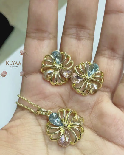 Gold floral pendant with pastel blue, lilac and champagne crystals, dual-tone chain, anti-tarnish finish by KLYAA – Signature Limited Edition
