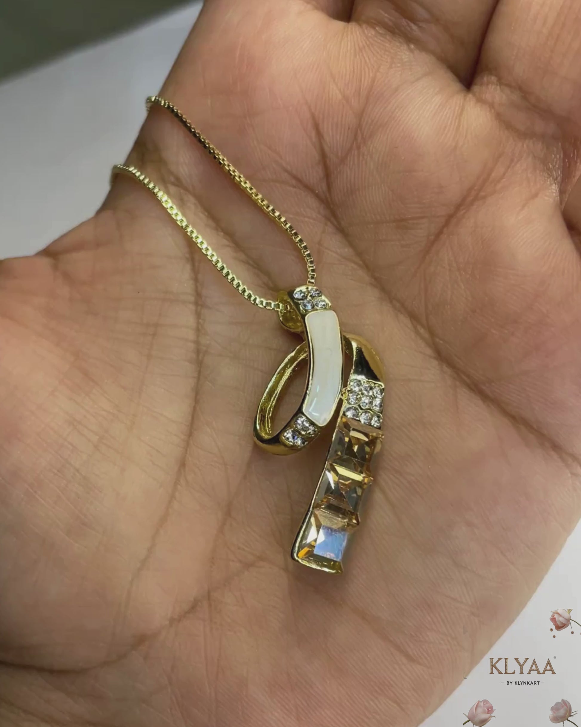 Signature pendant set with champagne and white crystals, dual-tone chain, and gold finish by KLYAA – anti-tarnish limited edition jewellery