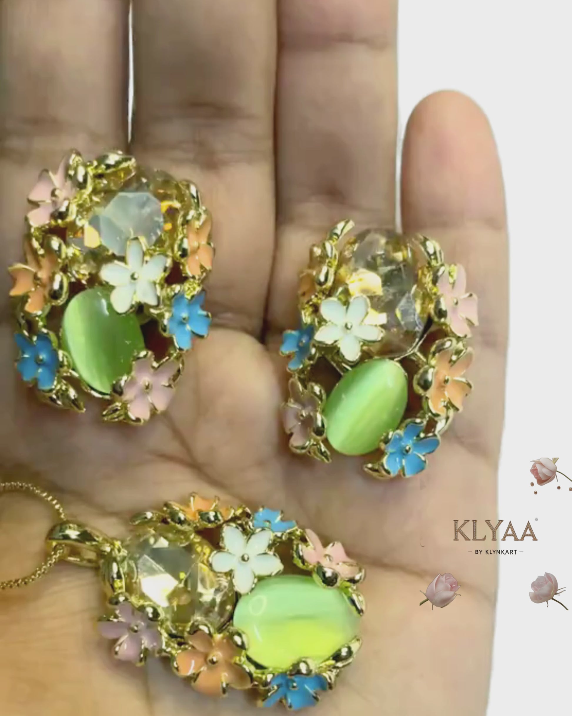 Meadow Muse pendant set with pastel floral crystals and mint green gemstone on anti-tarnish 18K gold dual-tone chain by KLYAA Signature Collection