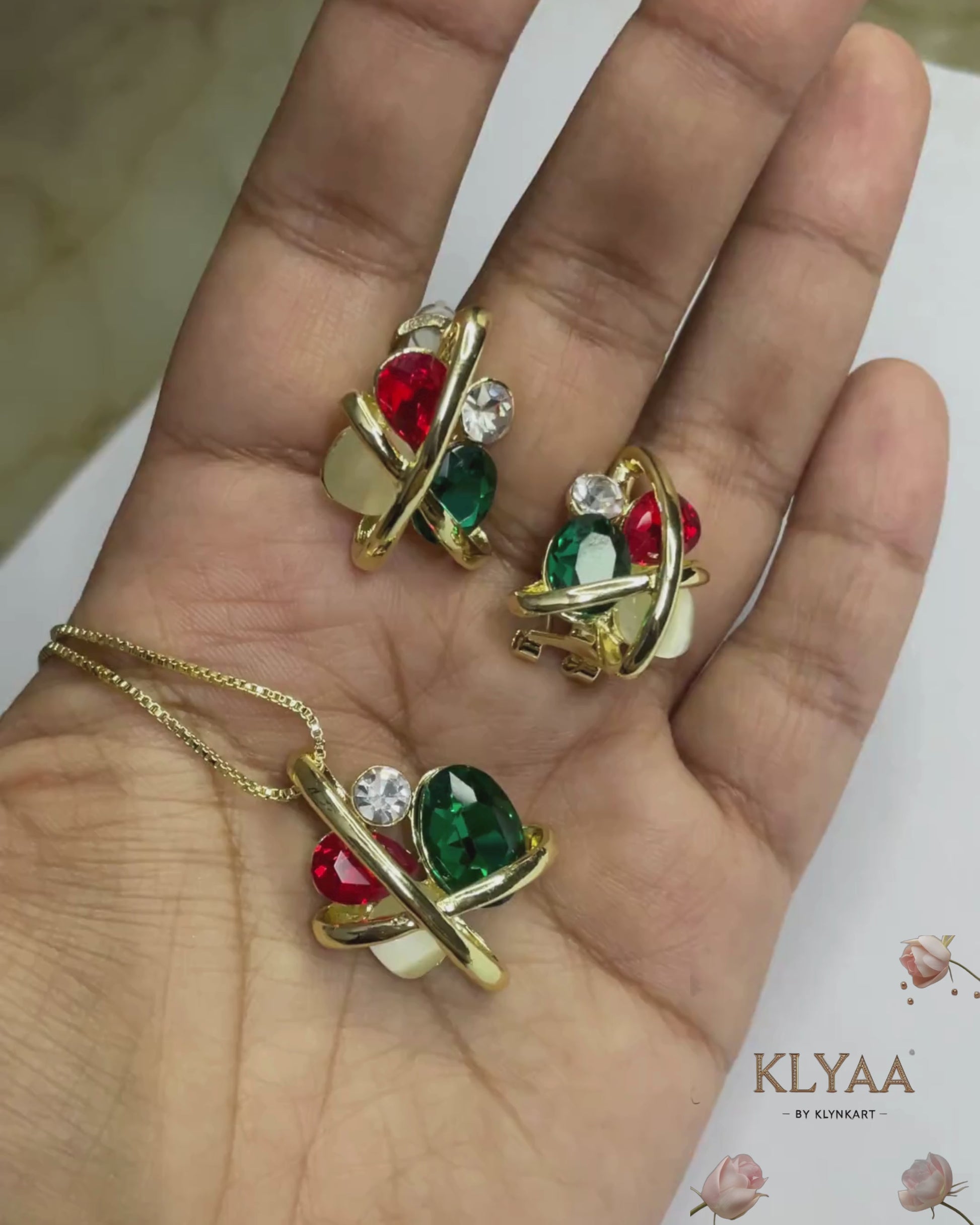 Stellar Orbit red-green crystal pendant set with dual-tone chain, 18K gold-plated & anti-tarnish finish – KLYAA Signature Collection